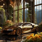 Vintage Cars Parked Inside Ornate Building with Sunlight and Arched Windows