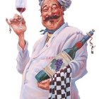 Artistic chef in paint-splattered attire with fish in pocket examines wine