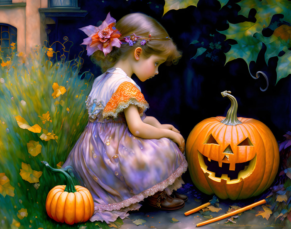 Young girl in purple dress with orange accents next to carved pumpkin and autumn leaves