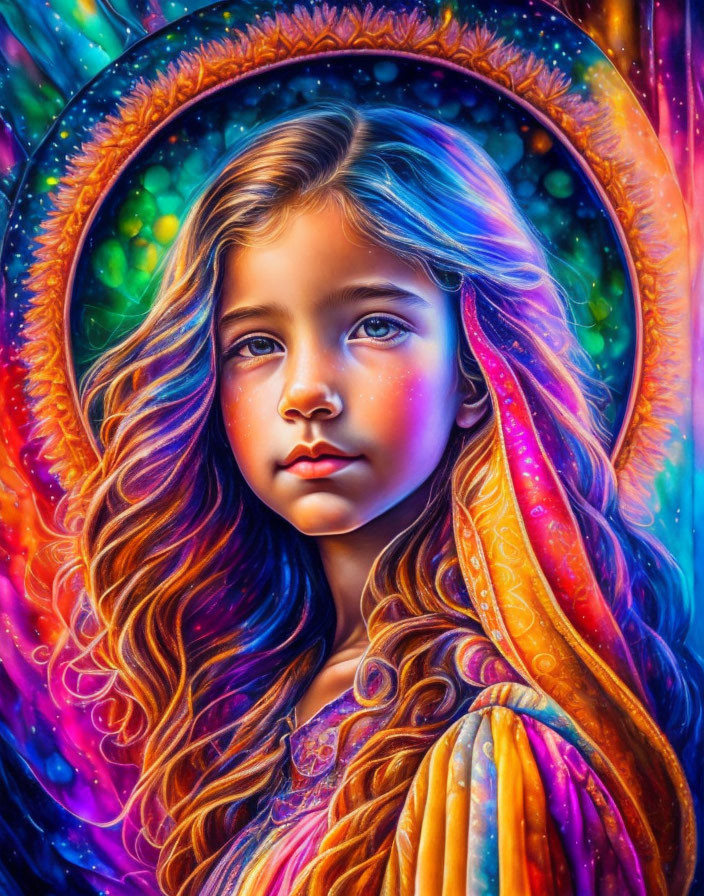 Colorful digital artwork: Young girl with wavy hair in psychedelic rainbow aura.