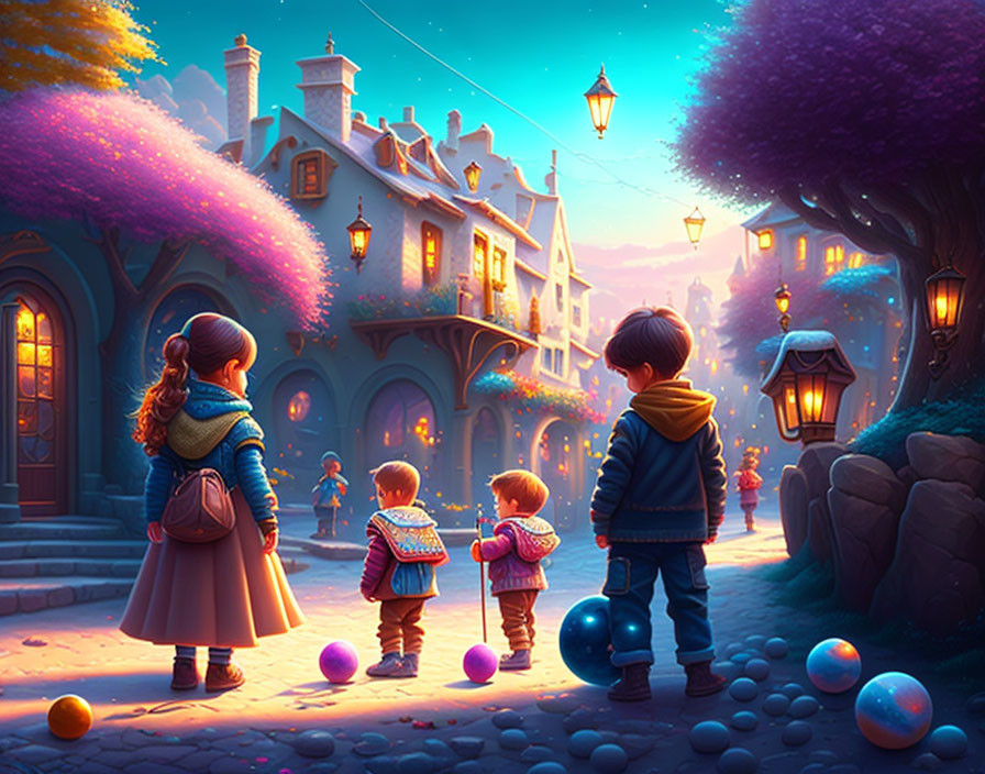 Children playing with glowing orbs in picturesque village at dusk