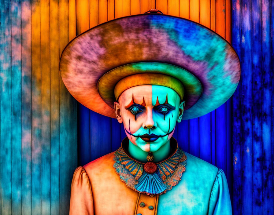 Colorful portrait with theatrical makeup, large hat, and vibrant background