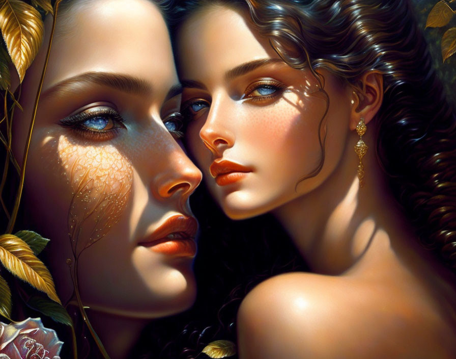 Detailed digital artwork featuring two women with gold leaf patterns, surrounded by golden foliage