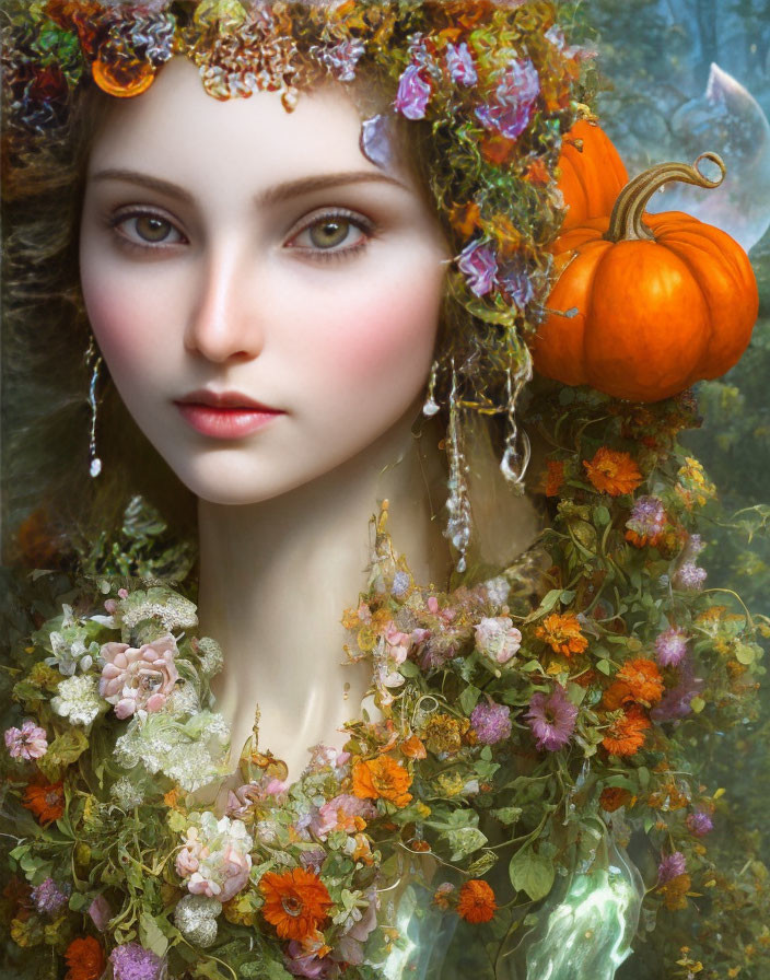 Vibrant autumnal portrait with floral and pumpkin adornments