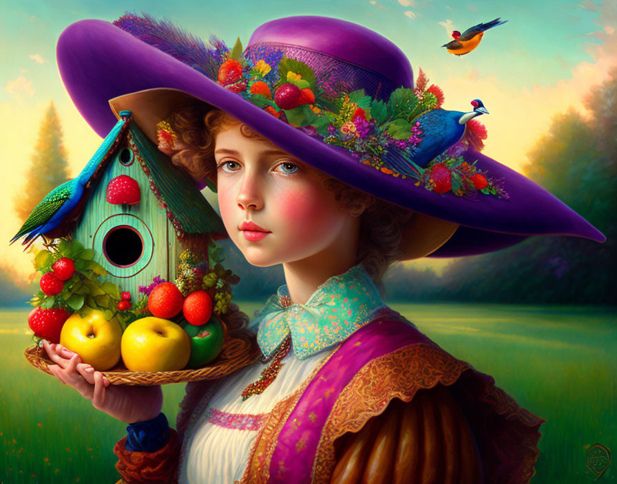 Surreal portrait of woman in purple hat with fruits and birds, holding apples and birdhouse on