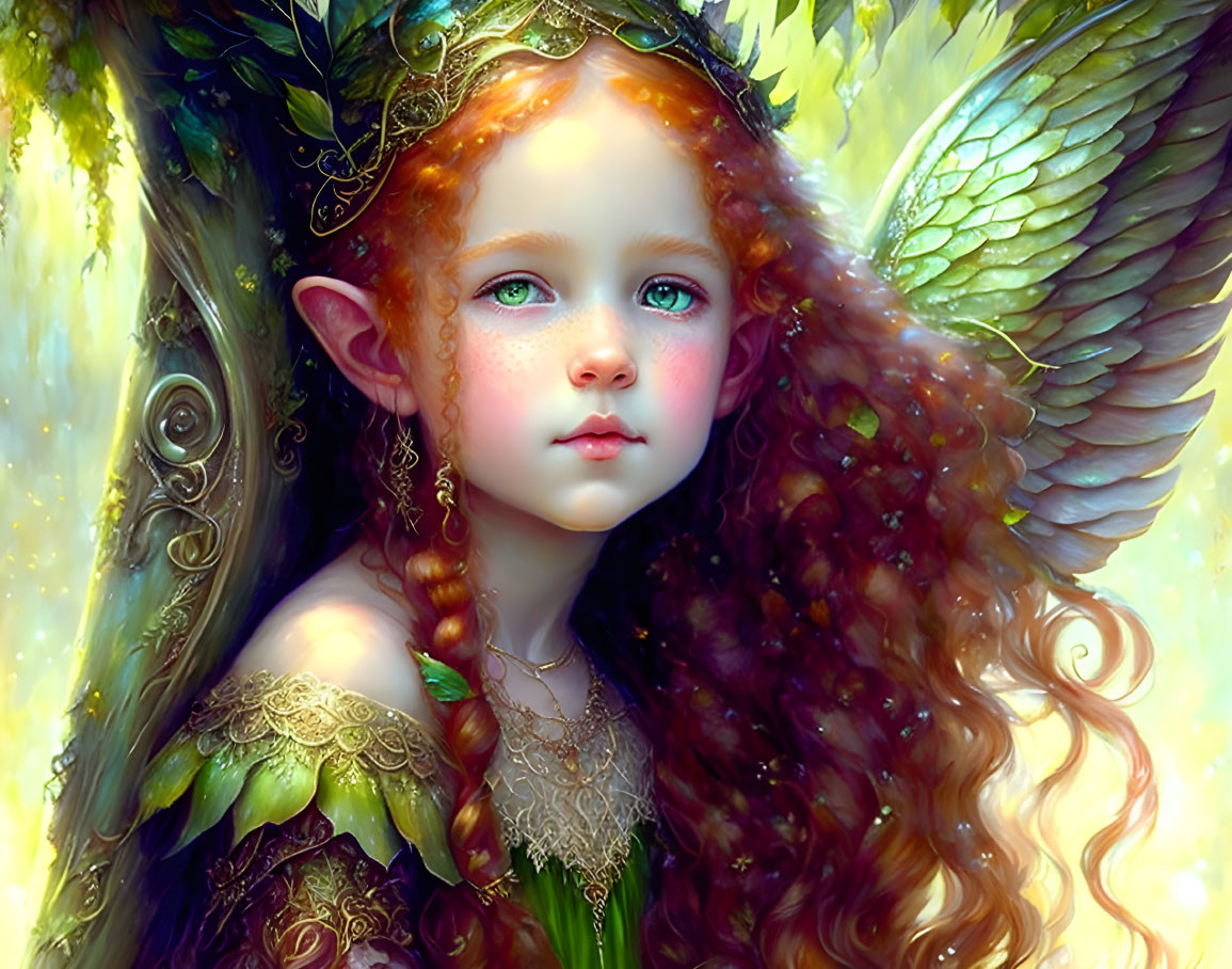 Fantastical young girl with elf ears, red hair, wings, colorful backdrop