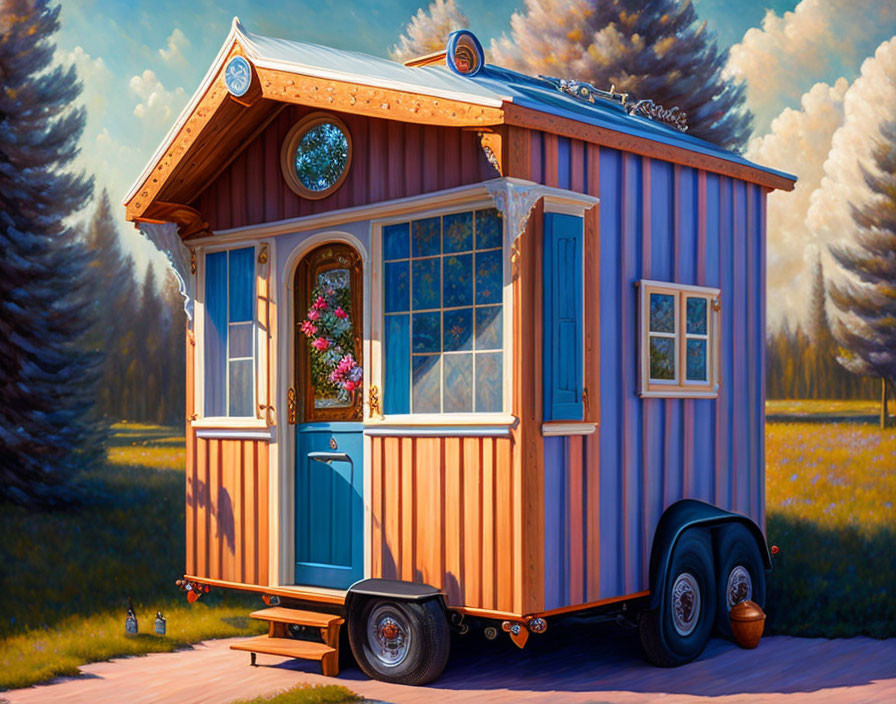 Vibrant illustration of tiny house on wheels in peaceful nature