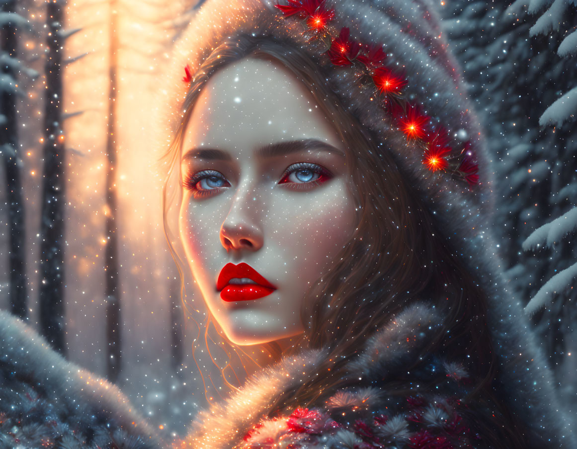 Woman with Blue Eyes and Red Lips in Winter Forest with Berries and Snowflakes