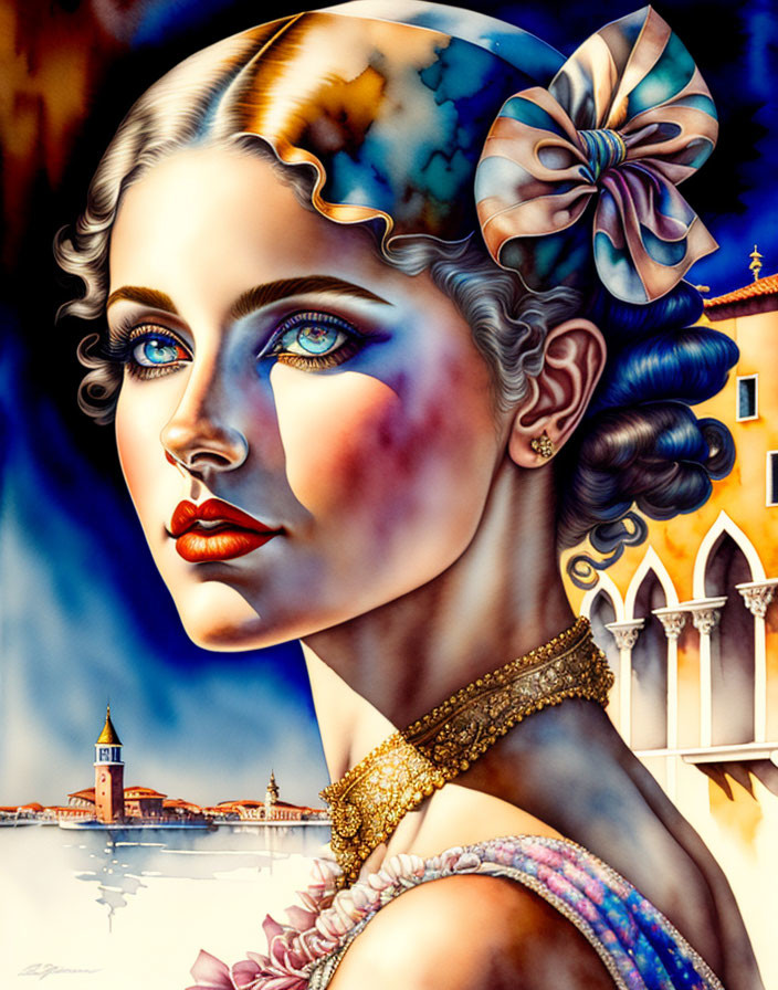 Stylized portrait of woman with blue eyes and bow, Venetian architecture.