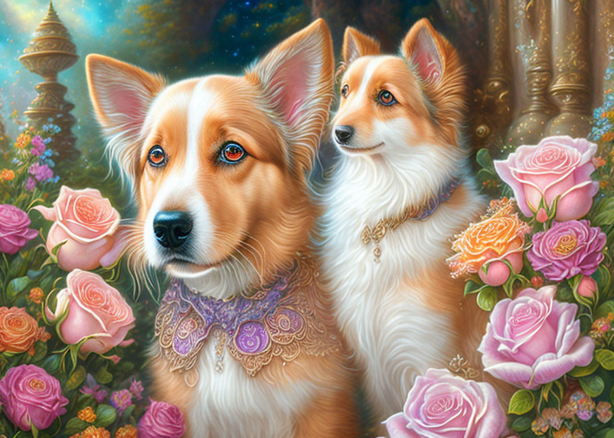 Two dogs with human-like expressions in a fantasy garden with ornate architecture.