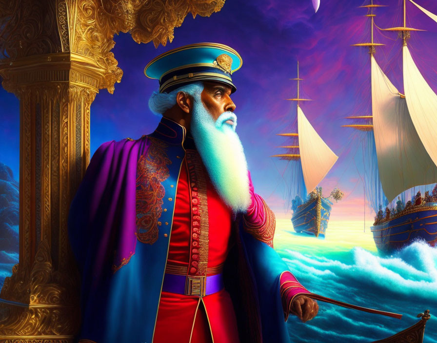 Illustration of majestic sea captain in blue and red uniform with ships and stormy sea.