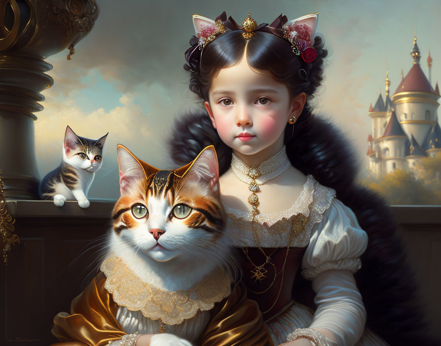 Young girl in fancy dress with large cat and castle backdrop