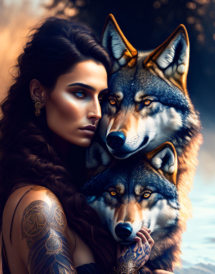 Woman with blue eyes and tattoos with two wolves in autumn setting