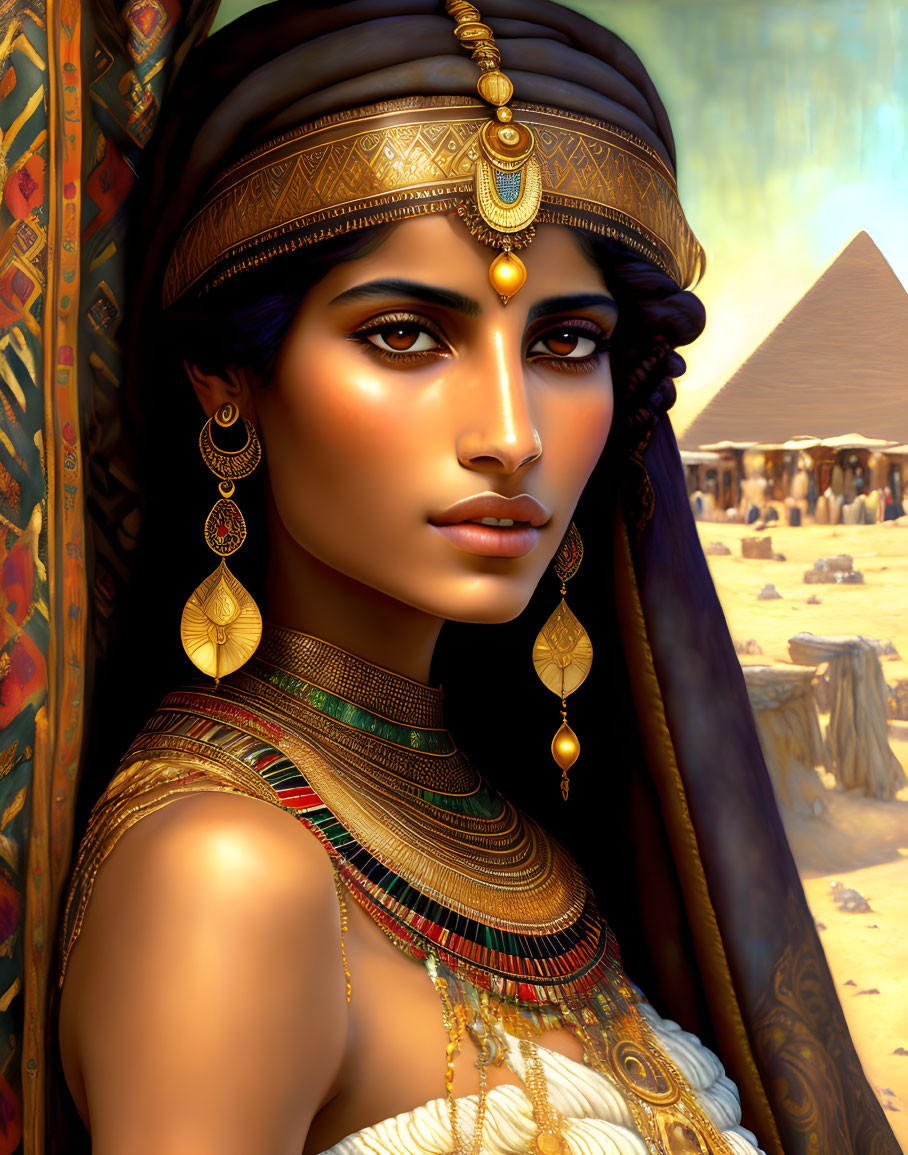 Illustration: Woman in Ancient Egyptian Style with Pyramids