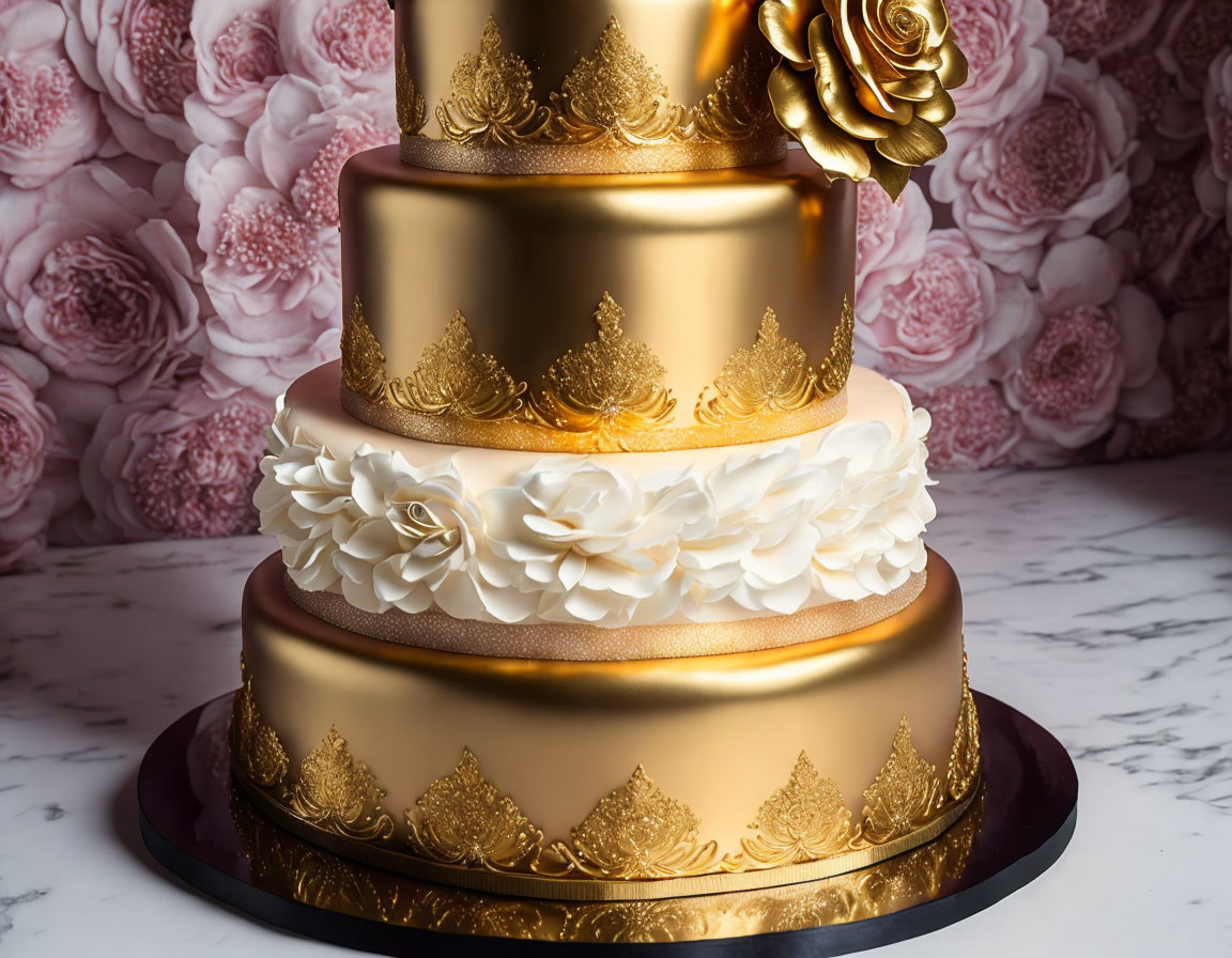 Luxurious tiered cake with gold fondant and floral decorations