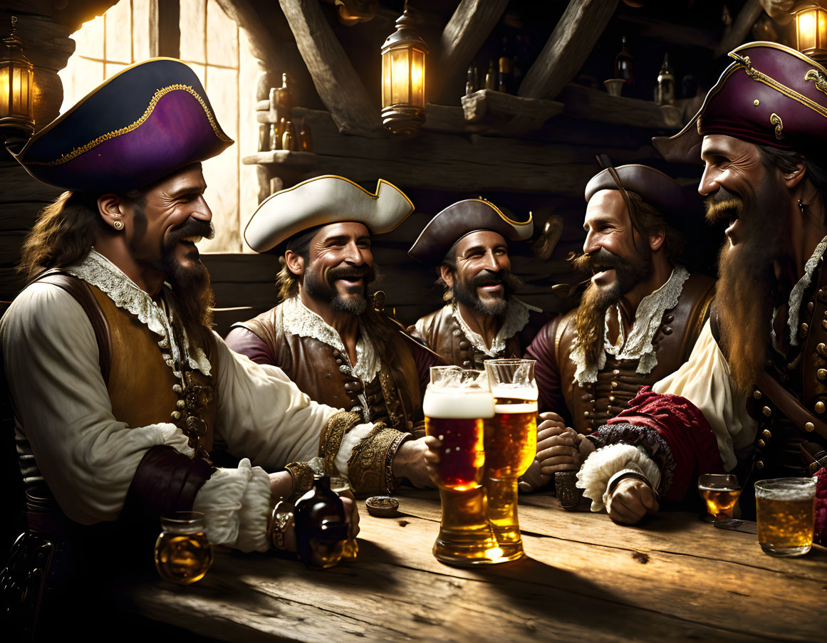 Joyful pirates in tricorn hats and period costumes enjoy drinks in a dimly lit tavern