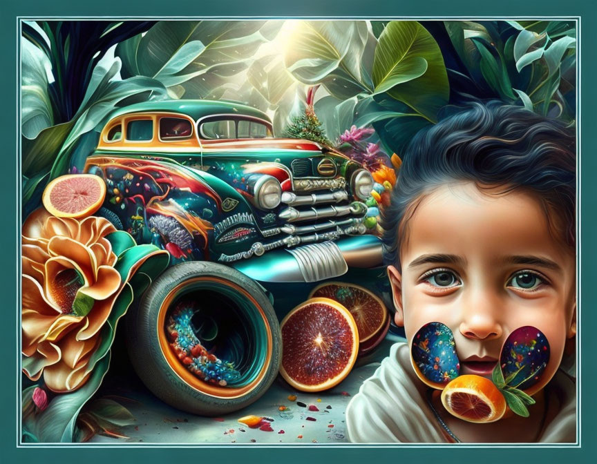 Colorful vintage car surrounded by foliage, flowers, and citrus fruits with child's face.