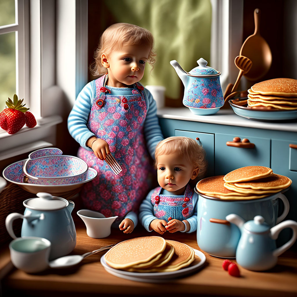 Dolls in kitchen scene with pancakes, strawberries, kettle, and teapot