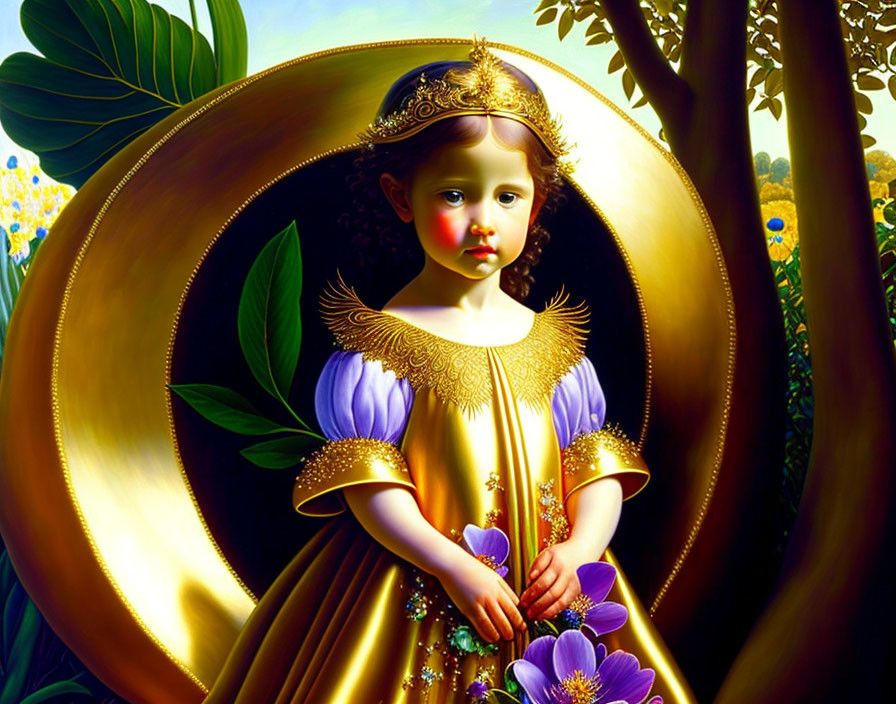 Young girl in golden crown and purple dress, with lush greenery backdrop