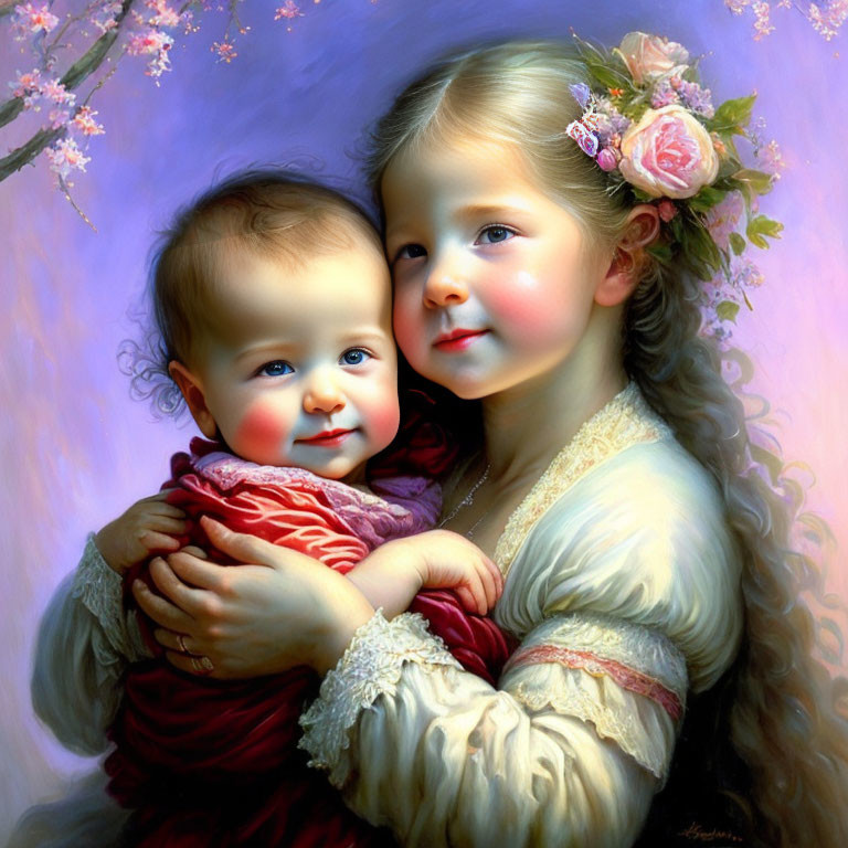 Young children embracing with older girl holding baby in front of pink blossoms.