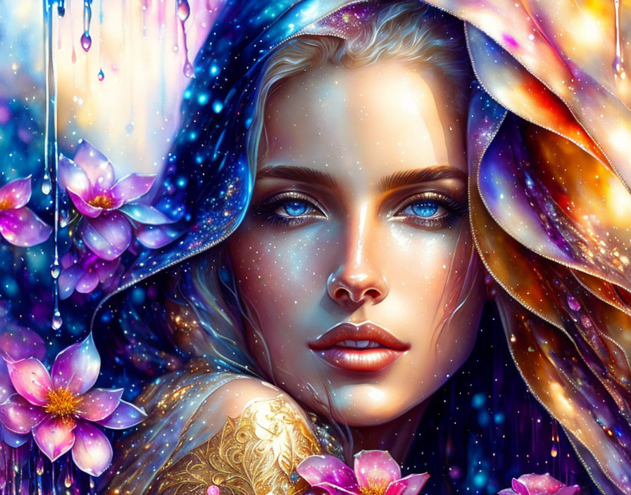 Digital portrait: Woman with blue eyes in cosmic setting