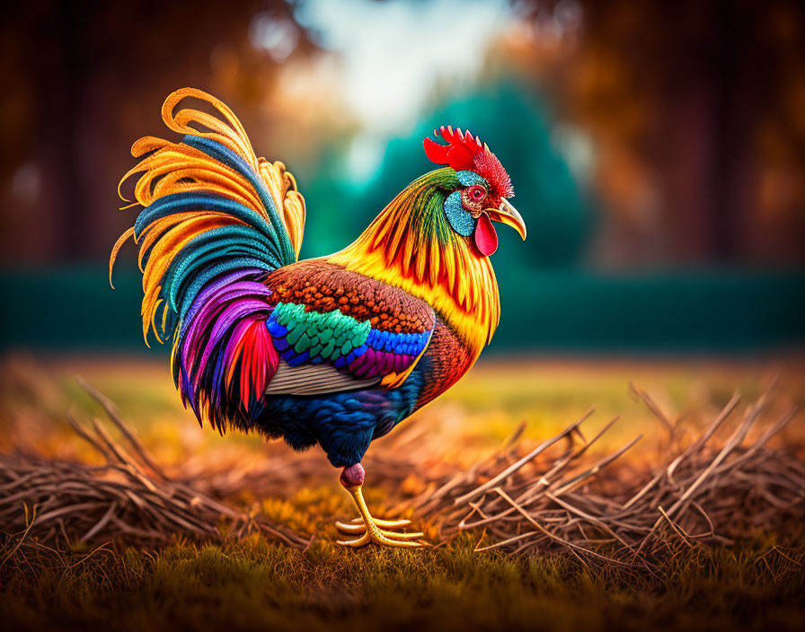 Colorful rooster on straw with autumn background