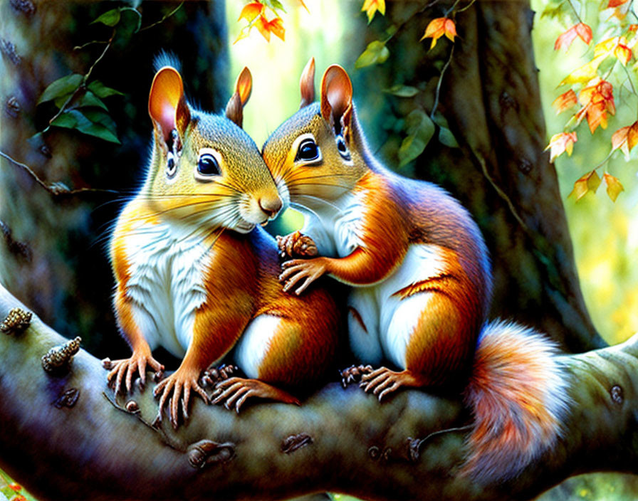 Vibrant orange and white squirrels with acorns on tree branch amid lush greenery