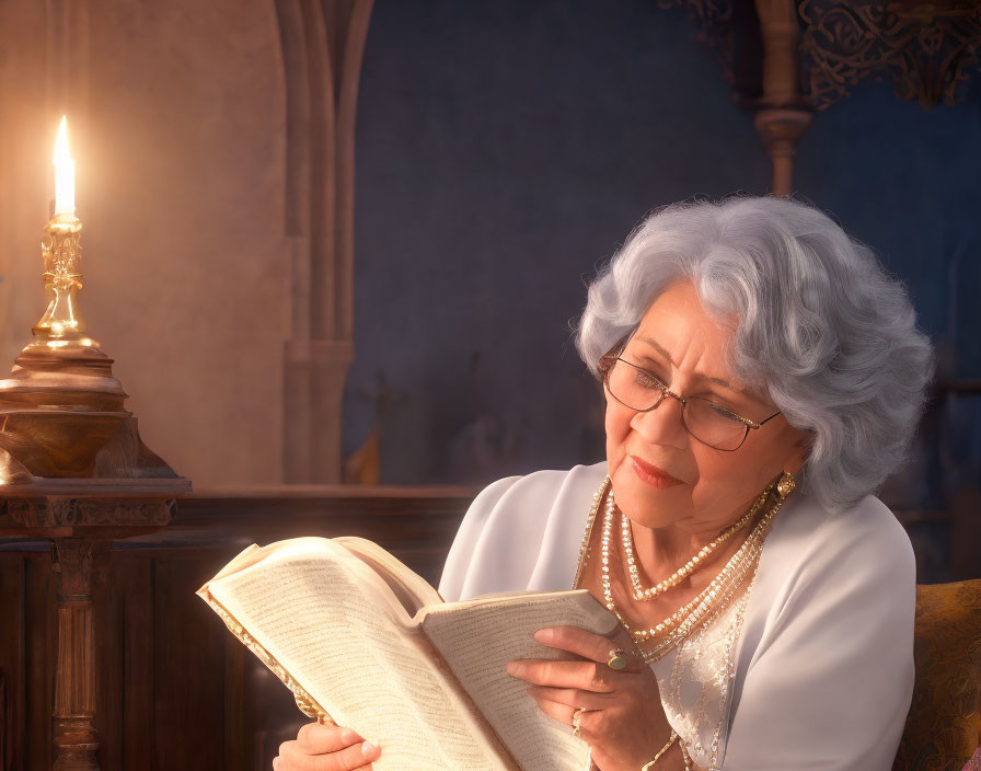 Elderly Woman Reading Large Book by Candlelight