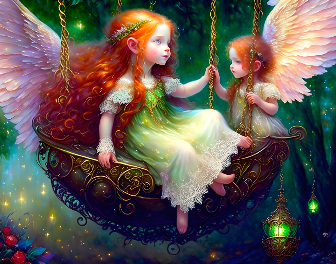 Angelic children with wings on a swing in enchanting forest landscape