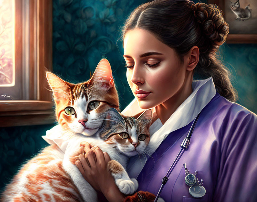 Woman in Purple Robe Cuddling Cats Against Vintage Wallpaper