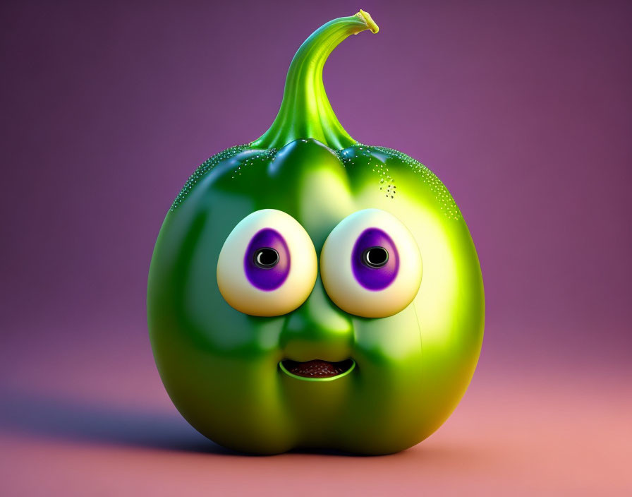 Green Bell Pepper with Cartoon Eyes and Mouth on Purple Background