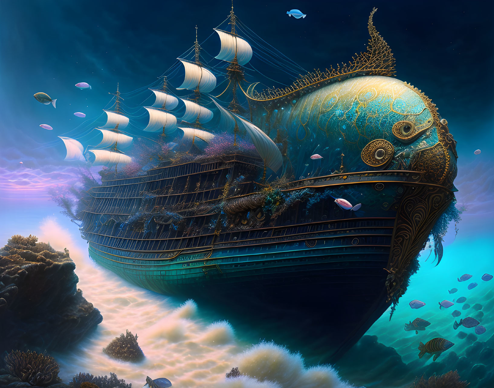 Fantastical fish-themed ship sailing above vibrant coral landscape