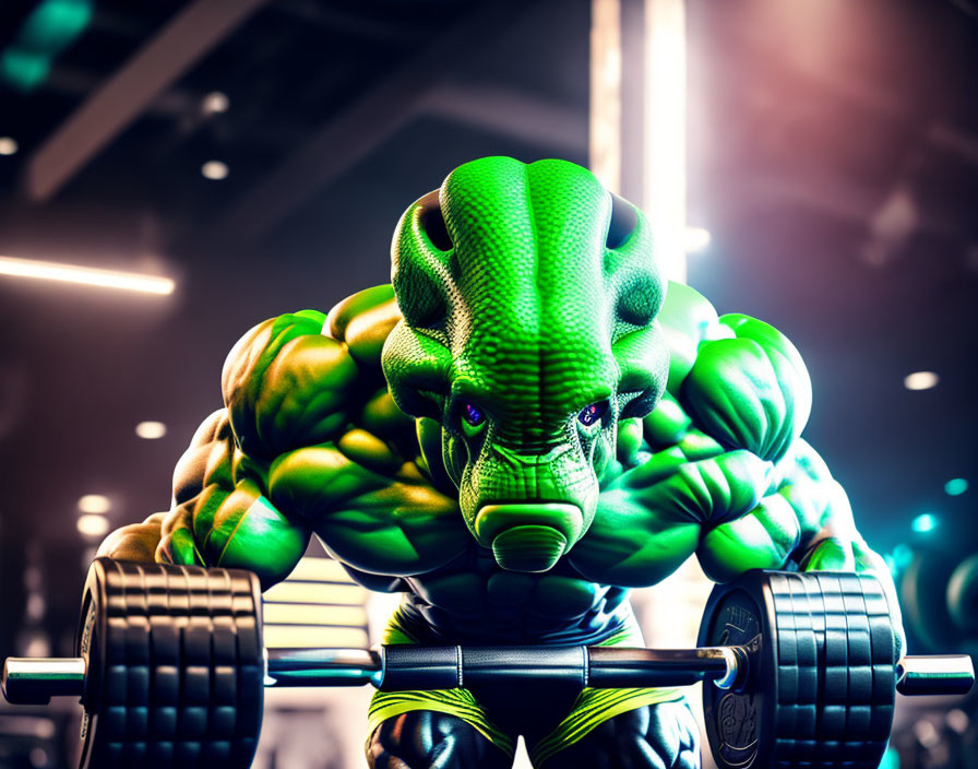 Muscular reptile lifting heavy dumbbells in gym