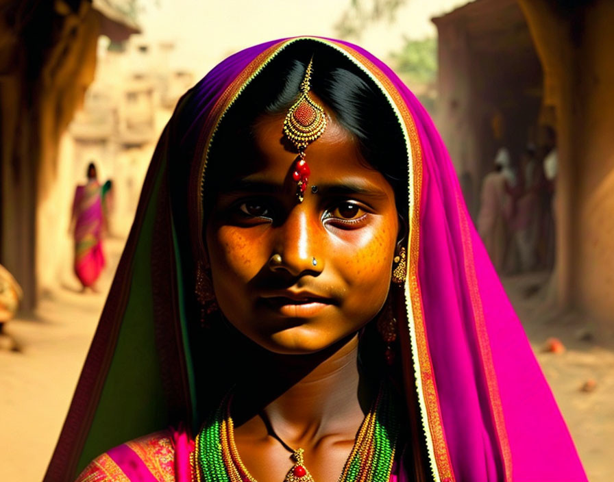 Young girl in vibrant traditional attire in village setting