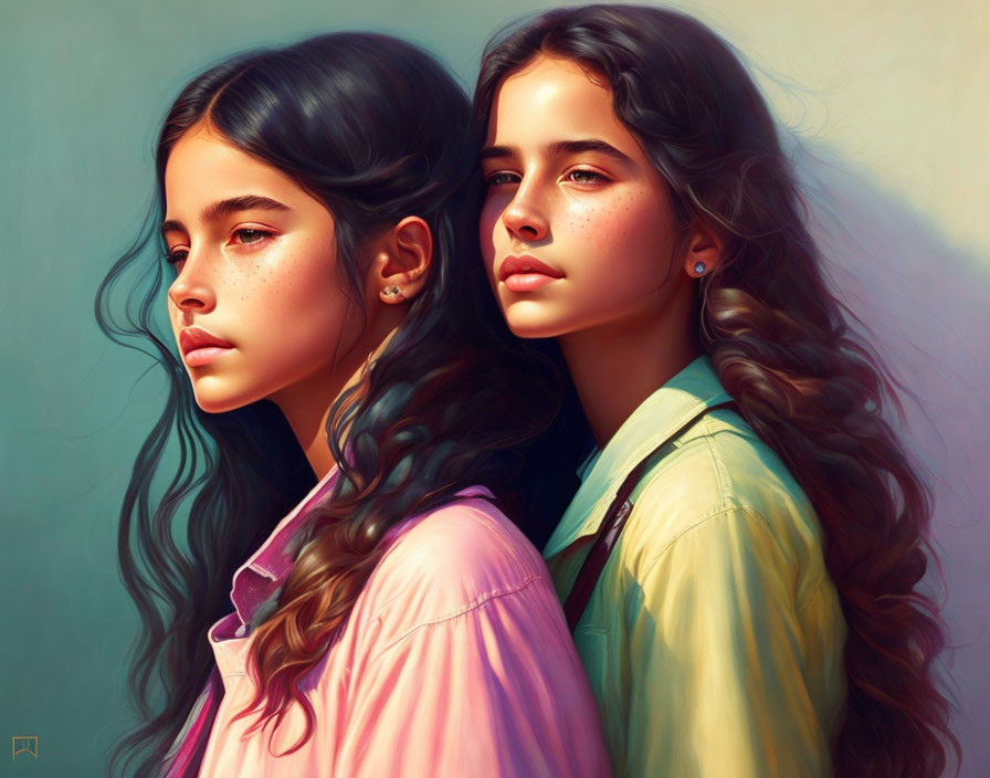 Young girls with wavy hair in pastel outfits