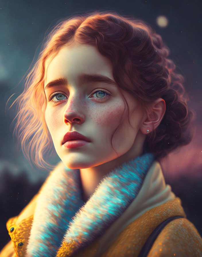 Digital artwork featuring young woman with blue eyes, curly hair, speckled complexion, and scarf on