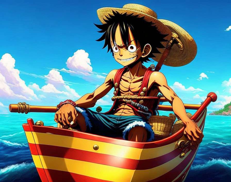 Animated character in straw hat and red vest rows small boat on clear blue ocean under vibrant sky