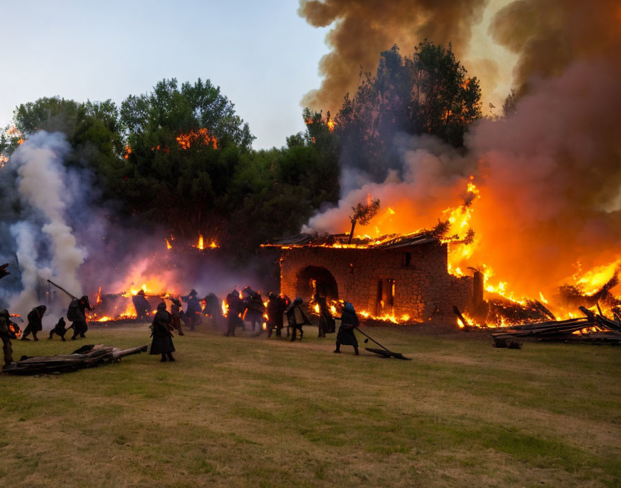 Intense building fire with firefighters and smoke swirls