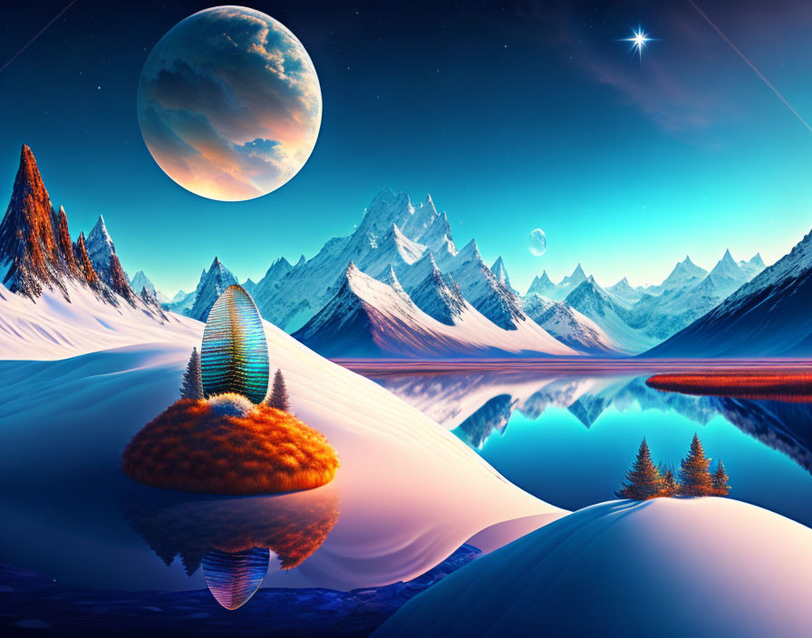 Surreal landscape with snowy mountains, reflective lake, colorful trees, oversized moons