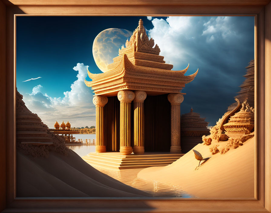 Surreal framed image: Sandcastle temple under moonlit sky