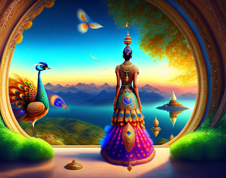 Colorful digital artwork: woman in peacock dress with peacock, mountains, temples, butterflies