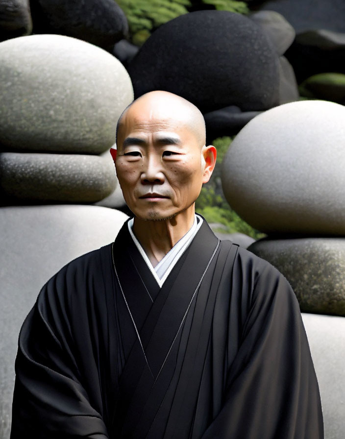 Shaved head person in traditional robes among smooth stones