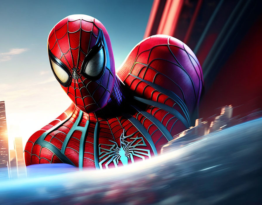 Detailed Spider-Man costume close-up with vibrant motion backdrop.