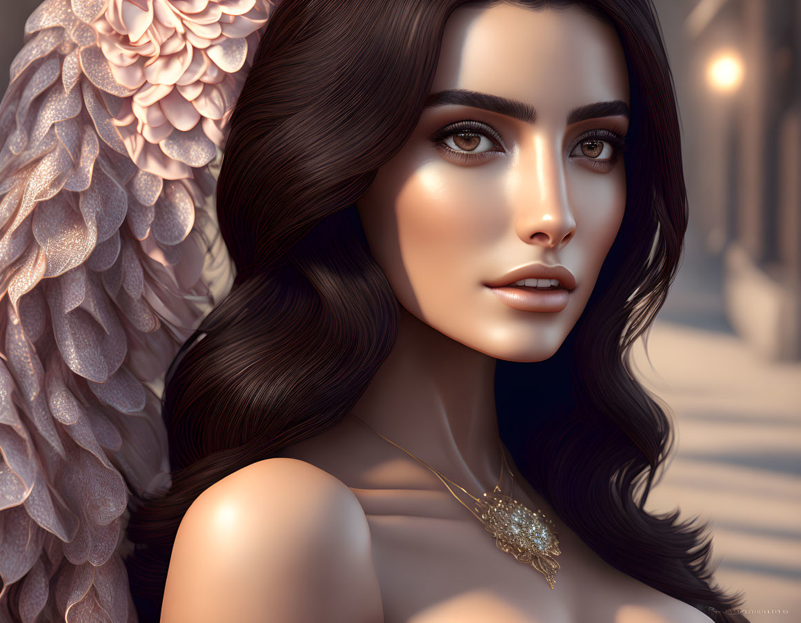 Digital art portrait of woman with dark hair, distinct eyebrows, golden necklace, and feather-like adornments