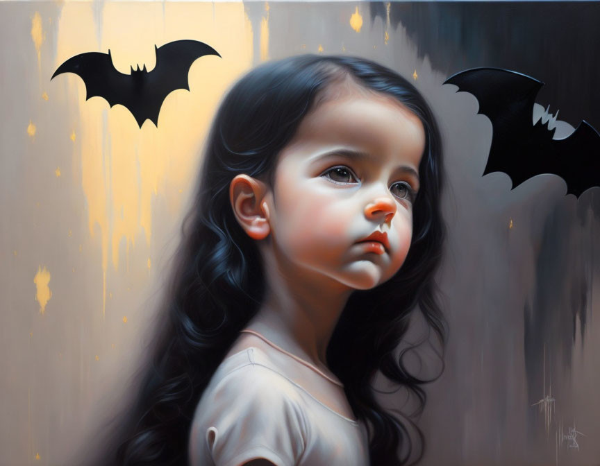 Dark-haired girl gazes with bats in cloudy sky