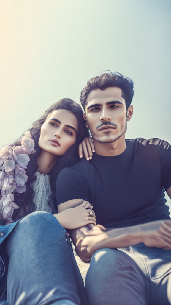 Contemplative man and woman sitting closely against soft blue background