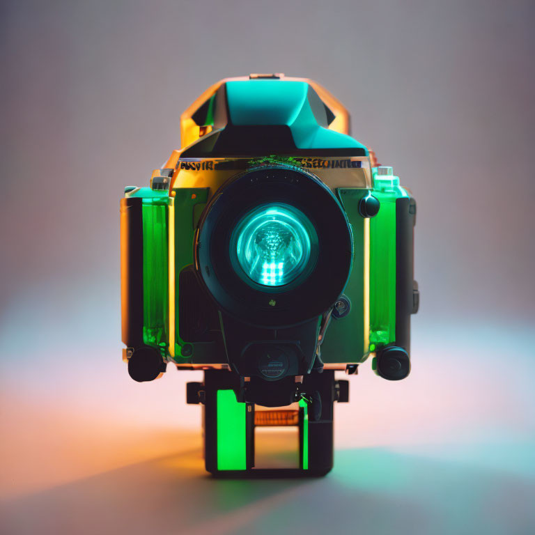 Vintage Camera with Green and Orange Glow on Gradient Background