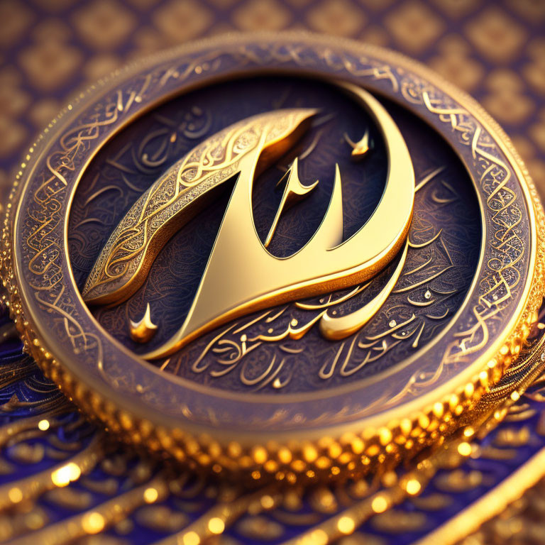 Detailed Close-Up of Ornate Gold and Blue Arabic Medallion