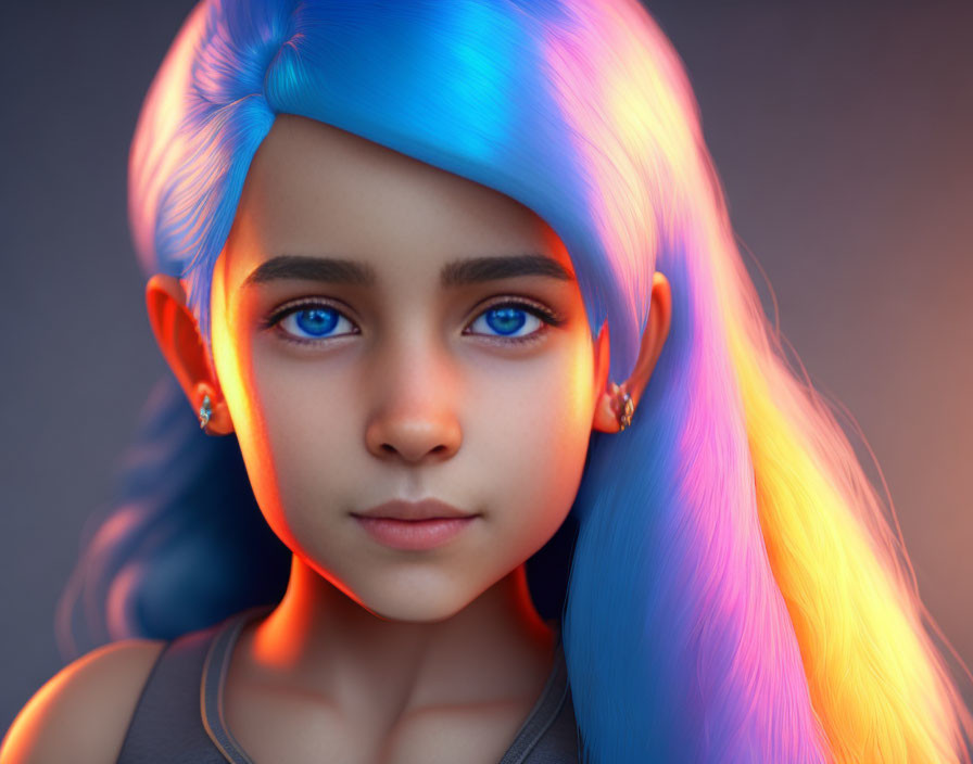 Vibrant blue-haired girl in digital art with glowing eyes on dark background