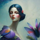 Surreal portrait of woman with deep blue hair among blue flowers and white butterflies